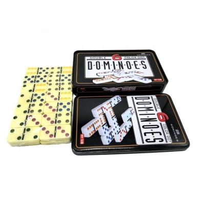 China Melamine Ivory Dominoes Double Six Color Dots And Nail Domino Sets In Tin Box for sale