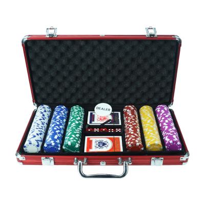 China Red Aluminum Poker Chips Set 300 Pieces Ceramic Hot Selling With Dealer And Blind Cut Out Gambling Set For Casino for sale