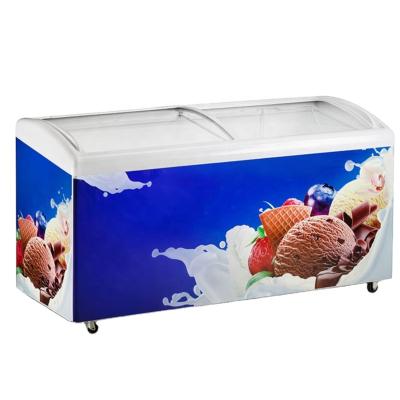 China Single-temperature 516L Curved Glass Slip Ice Cream Display Showcase Chest Freezer for sale