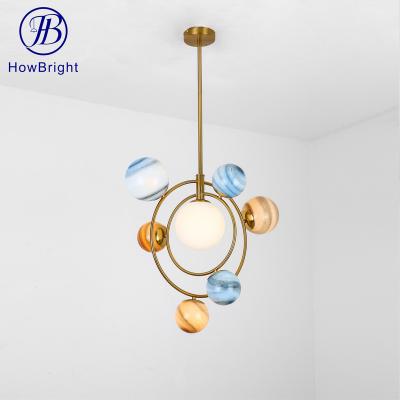 China Wholesale Modern Colorful Pendant Light 6 Glass Ball Metal Chandelier Planet E27 Lamp Metal Ceiling Lamp For Living Room Bar for sale