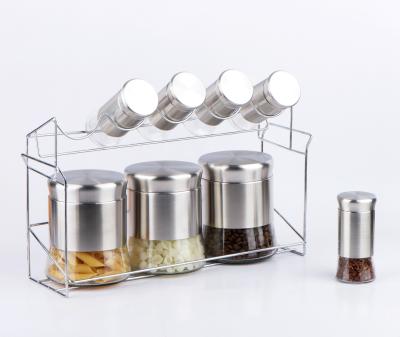 China Freshness Preservation CP220 8pcs Glass Candy Jar And Spice Jar Set With Wrap And Metal Rack for sale