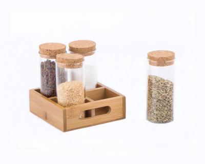 China Freshness Preservation GPG007-2/4W High Borosilicate Glass Spice Jar With Cork Lid And Wooden Rack for sale