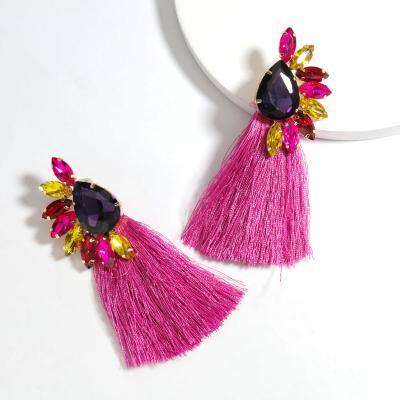 China FASHIONABLE European Glitter Dril Cotton Yarn Tassel Earrings Glass Bohemian Long Personalized Hyperbole Crystal Earing Colorful for sale