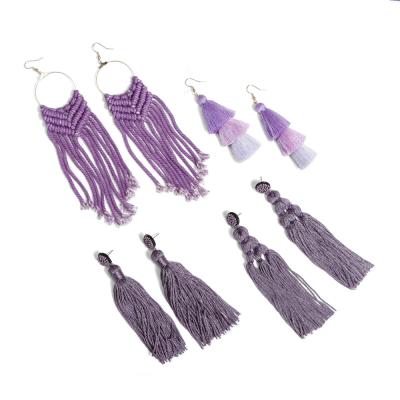 China BOHEMIA 2020 Newest Lavender Earrings Drop Yarn Cotton Light Purple Bohemian Tassel Earrings Long For Women for sale