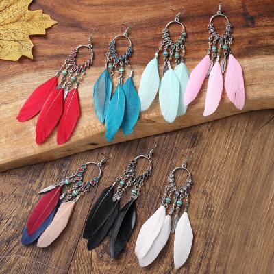 China BOHEMIA 2022 New Vintage Rhinestone Feather Colorful Feather Earrings Bohemian Ethnic Women Fashionable Earrings Wholesale for sale