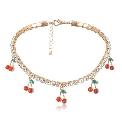 China Wild Fashion Sweet Lead Free Nickel Free Crystal Rhinestone Chain Cherry Necklace Gold Plated Cherry Pendant Full Diamond Choker Chain Necklace for sale