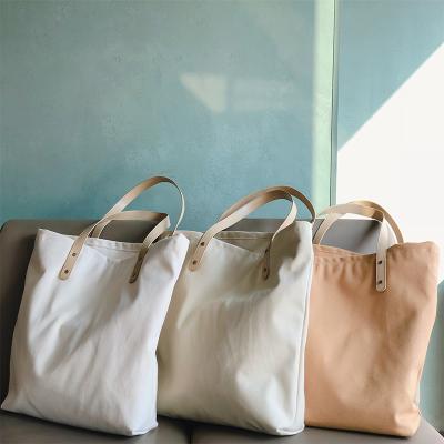 China Custom White Handled Sedex Audit Factory Good Quality Logo Printing Bucket Cotton Canvas Tote Bag With Leather Straps Handle for sale