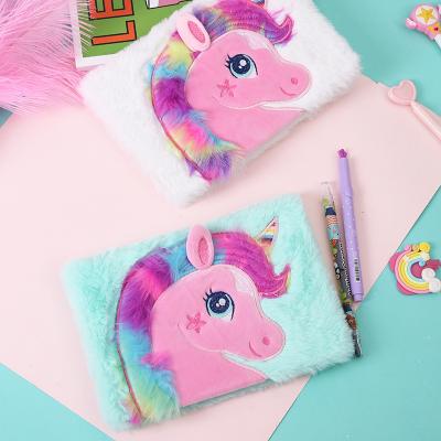 China Lady Women Kids Colorful Girls Printed Pink Diary Journal Writing Glitter Paint Unicorn Plush Planner Notebook for sale