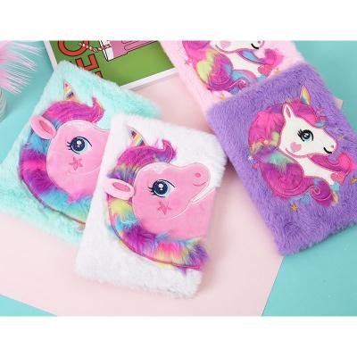 China Custom Pink Kids Gift Girls Diary Journal Current Colorful Rainbow Printed 2 in 1 Unicorn Notebook With Plush Cover for sale