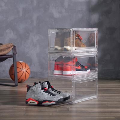 China Transparent Sustainable Plastic Stackable Sneaker Storage Boxes Drop Front Magnetic Clear Shoe Box Wholesale Drawer Type for sale