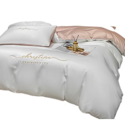 China Modern Simple Fashion Disposable Printed To Embroider Silk Solid Color Four Piece Set Double Sheet Silk Comforter Cover Bedding for sale