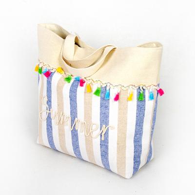 China Other New Design Embroidery Canvas Beach Bag Summer Tassels Striped Tote Beach Bag for sale