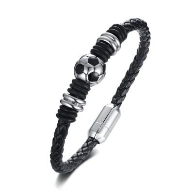 China Custom Leather Jewelry Stainless Steel Magnetic Clasp Football Bracelet Bangle For Men for sale