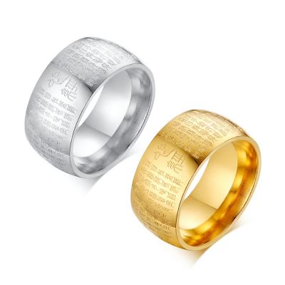 China Environmental Friendly Wholesale Stainless Steel Ring 10mm Width Gold And Steel Buddha Rings With Letters For Man for sale