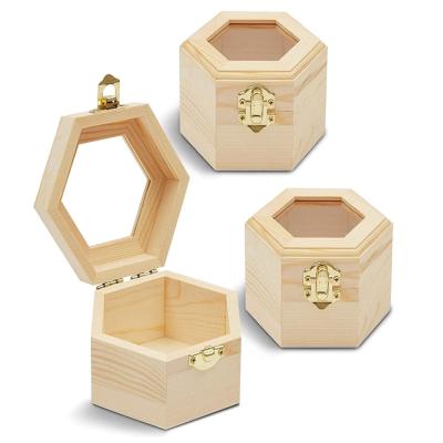 China Europe Unfinished Hexagon Wood Jewelry Box With Loop French Acrylic Window And Pine Wood Box for sale