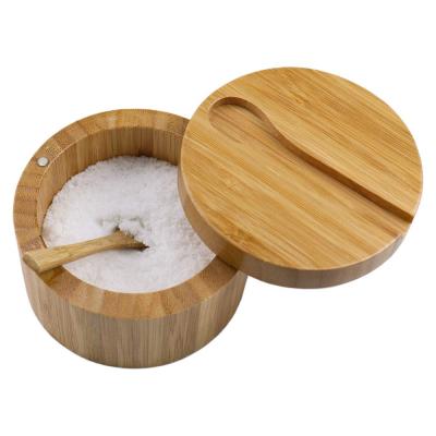 China Aseptic Bamboo Safe Durable Round Wooden Salt Crate Storage Box With Magnetic Swivel Lid for sale