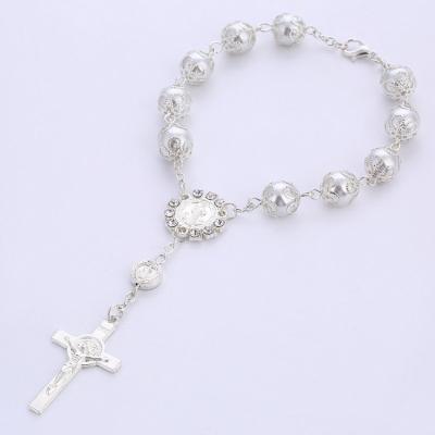 China Christian 10mm Glass Bead Cross Bracelet Fashion Jewelry Bangle Decoration Fashion Bracelet With Container Catholic Cross Wholesale for sale