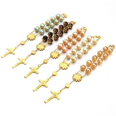 China Christian 10mm glass bead cross bracelet hot sale jewelry bracelet decoration fashion bracelet with colorful container cross wholesale for sale