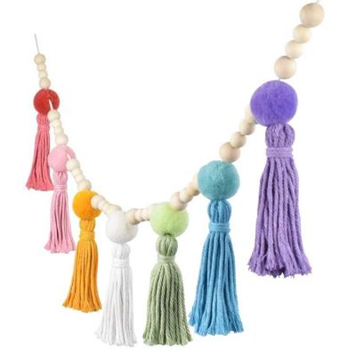 China DIY Rainbow Fringe Garland with Pommel Garland Wood Beaded Banner Baby Classroom Colorful Nursery for DIY for sale