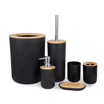 China Bamboo Wood Bathroom Kit Bamboo Toilet Brush Bin Holder Amazon Toothbrush Holder Six Piece Sets for sale