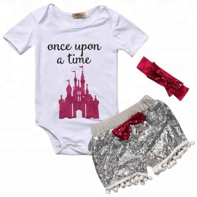 China New Style Cotton Breathable Newborn Baby Clothes Newborn Baby Romper+sequin pant+headband 3pc Sleeve Letter Babies Clothing Set for sale