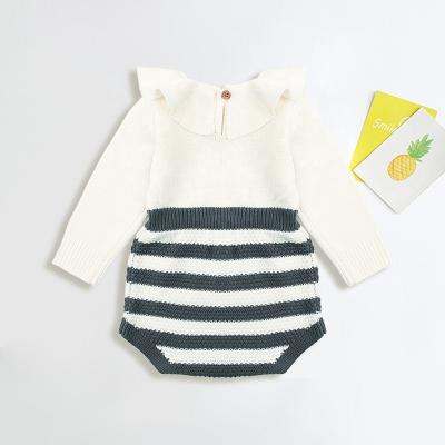 China Long Sleeve 2022 Baby Infant Lotus Leaf Collar Knitted Ruffle Rompers Newborn Toddlers Long Sleeve Stripe Jumpsuit Casual Clothes for sale