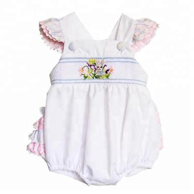 China Baby Girl's White Ruffled Bubble Short Sleeve Rompers For Easter With Bunny Pattern for sale