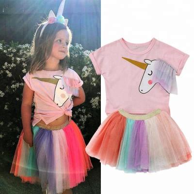 China Cartoon Girls Clothing Set Short Sleeve Unicorn T-shirt Rainbow Color Tutu Skirt for sale