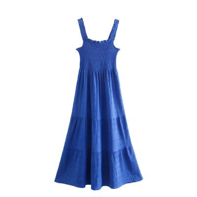 China New Arrival Women Casual Dress Blue Color Breathable Smocked Women Fashion Sleeveless Slip Dress for sale