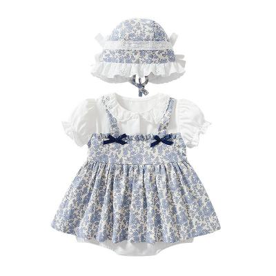 China Spandex/Cotton Lace Short Lapel Dress Strap Floral Print Puff Sleeve Dress Rompers Baby Summer Girls Floral Print Puff Sleeve Dress Rompers for sale