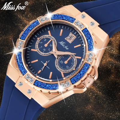 China Rose Gold Sport Watch Ladies Quartz Wrist Watch Ladies Diamond Blue Rubber Band Analog Female Wrist Watch Water Resistant MISSFOX Women's Watches for sale