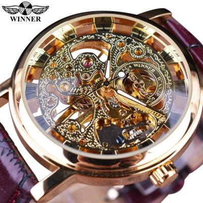 China New Design Date Winner Automatic Wrist Watch New For Men's Cavity Dial Band Alloy Leather Case Automatic Mechanical Watches for sale