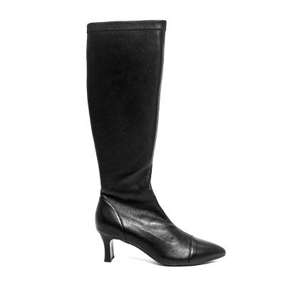 China Soft Long Boot Winter Black PU Pointed Toe Women High Heel Knee High Boots Casual Thick Heel Long Boots for sale