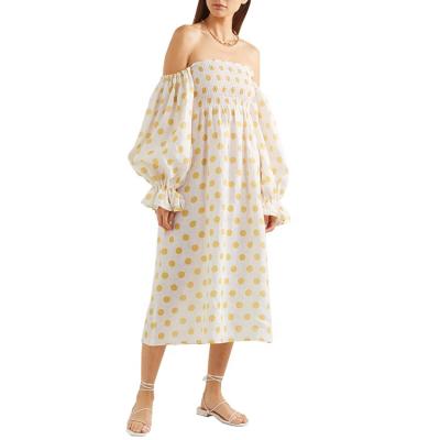 China High Quality Sleepwear Fashion Breathable Design Off The Shoulder Polka Dot Bubble Midi Linen Dress for sale