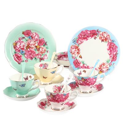 China Disposable British Tea Set Bone China Floral Elegant Fine Tea Cups Electroplate Set High Quality Afternoon Tea Set for sale