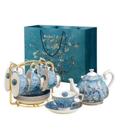 China Viable Famous Painting Fine Bone China Misfit 6 Tea Cups Set With Teapot In Gift Box for sale