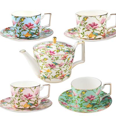 China Viable Mismatched 4 Colors Floral Bird Afternoon Teapot Cups Set Fine Bone China 9 Pcs Tea Set for sale