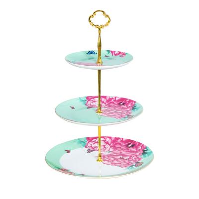 China Beautiful Sustainable Fine Bone China Butterfly 3 Tiers Plate Afternoon Cake Stand for sale