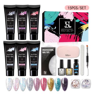 China Personal use for DIY and nail art for salon HS nail extension privet label 9 colors glitter poly gel nail set with lamp for sale