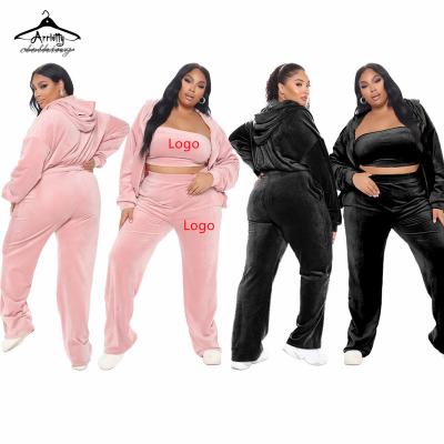 China Plus Size L-5XL Women Clothing Anti-Static Velor Tube Tops With Joggers Tracksuits Solid Hooded Velor 3 Piece Set for sale