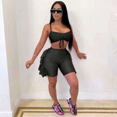 China S-XL Crop Top Women Tracksuit Set Summer Breathable Sexy Pleated Bodycon Ruffles Fitness Shorts Women for sale