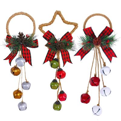 China 3 Pcs Plastic Pine Berry Pinecones Christmas Jingle Bell and Buffalo Check Bow Door Hanger Wall Hanger Ornaments for Christmas Holiday for sale