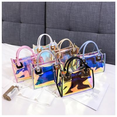 China Holographic Clear Transparent Waterproof Large Capacity Tote Bag PVC Jelly Bags Handbags Women Waterproof for sale