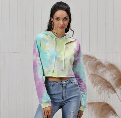 China Wholesale Custom Anti-wrinkle Fashion Drop Shoulder Holes Tie Dye Cropped Hoodie Sweatshirts For Women for sale