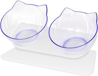 China Adjustable Plastic Stocked Cat Raised Bowl Elevated Transparent 15 Degree Bevel Protect Double Cervical Spine Cat Food Bowl for sale