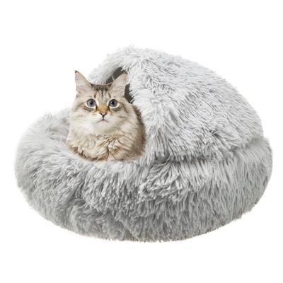 China Amazon Hot Sale Plush Pet Room Cat Bed Puppy Kitten Round Long Stocked Pet Beds Cushion 2 in 1 Cat Beds for sale