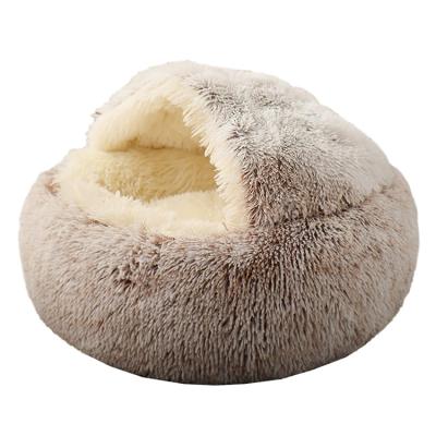 China Pet Stocked Faux Fur Bed Semi-enclosed Colorful Round Plush Pet Bed Nest Soft Comfortable Luxury Mat For Small Pet for sale