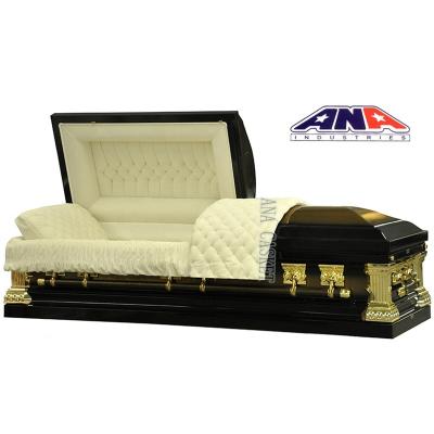 China ANA Style New Design American Style Gold Finish 18 GA Supplier Black Steel Funeral Casket for sale