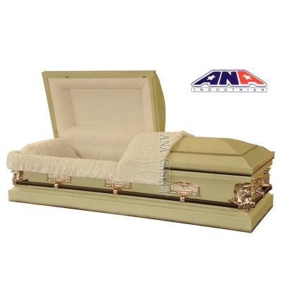 China 2022 American Style New Design 20Ga Steel Gold And White High Gloss Luxury Metal Casket American Sale Casket for sale