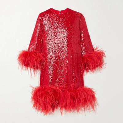 China Latest Breathable Design Summer 2022 Trendy Red Sequined Feather Party Dresses Women Elegant Dress Dress for sale